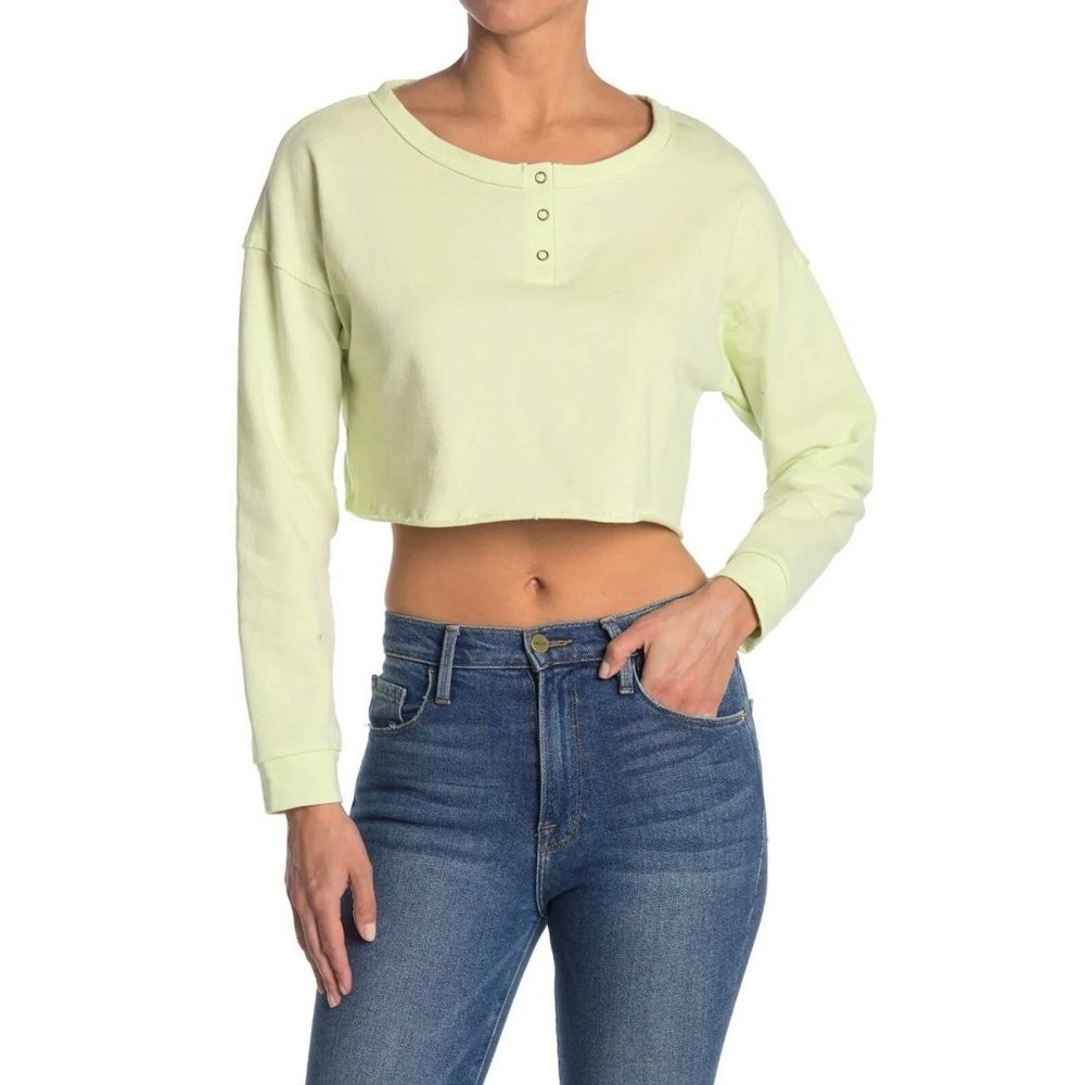 BP Henley Sweatshirt Raw Hem Long Sleeve Crop NEW